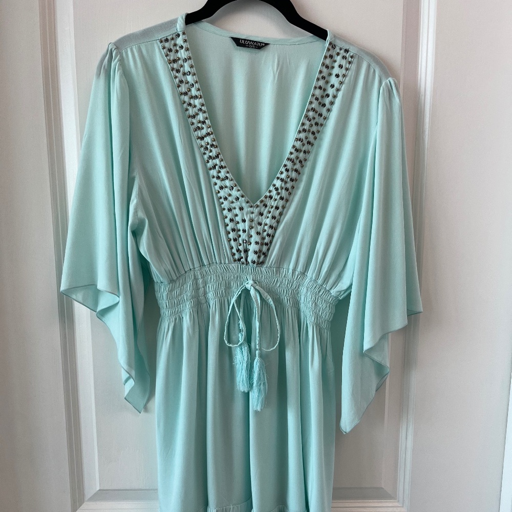 Uluwatu Handmade Aqua Blue Beaded Rayon Dress – Boho Resort Style